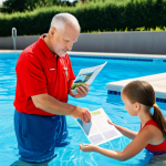 A tranquil, well-maintained public swimming pool environment on a bright, sunny day. In the foreground, a family consisting of two parents and two children (approx. ages 8-12) are fully clothed in modest, appropriate swimwear. One parent, fully clothed, is gently guiding a child in the shallow end, while the other parent, also fully clothed in appropriate attire, watches attentively from the poolside, holding a visible water safety brochure. The scene emphasizes responsible supervision and gentle learning. Professional photography, high quality, realistic, vibrant colors, clear focus, safe for work, appropriate content, fully clothed, family-friendly, perfect anatomy, correct proportions, natural pose, well-formed hands, proper finger count, natural body proportions.
