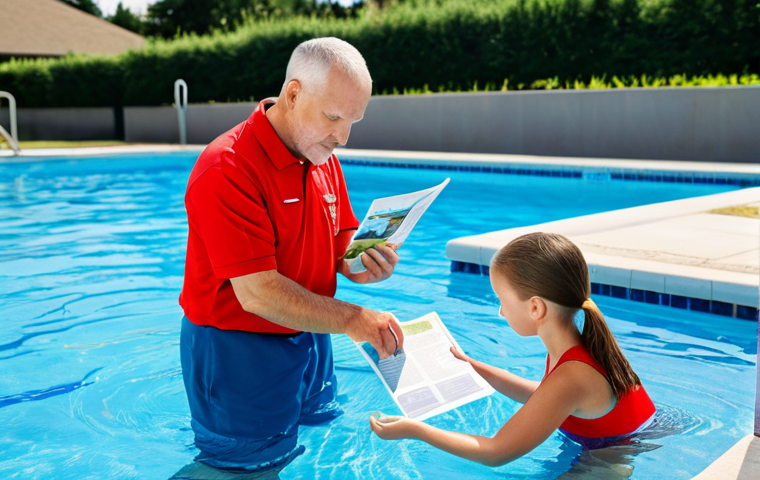 A tranquil, well-maintained public swimming pool environment on a bright, sunny day. In the foreground, a family consisting of two parents and two children (approx. ages 8-12) are fully clothed in modest, appropriate swimwear. One parent, fully clothed, is gently guiding a child in the shallow end, while the other parent, also fully clothed in appropriate attire, watches attentively from the poolside, holding a visible water safety brochure. The scene emphasizes responsible supervision and gentle learning. Professional photography, high quality, realistic, vibrant colors, clear focus, safe for work, appropriate content, fully clothed, family-friendly, perfect anatomy, correct proportions, natural pose, well-formed hands, proper finger count, natural body proportions.