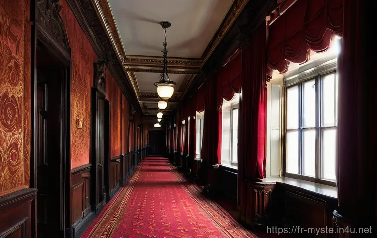 엘리사 램 호텔 수수께끼 - **Prompt for Eerie Hotel Interior:**
    "A wide-angle shot of a long, dimly lit hallway inside an o...
