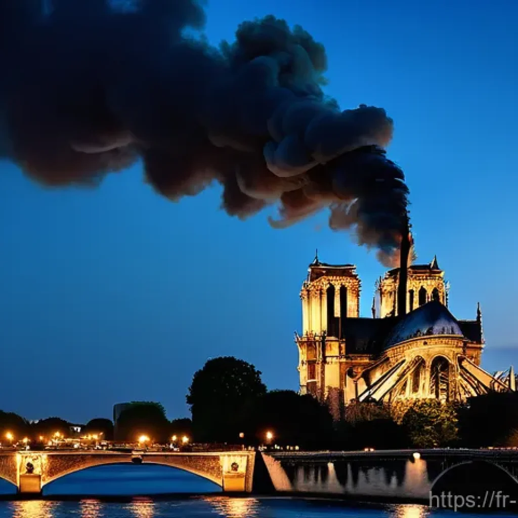 파리 노트르담 화재의 배후 - **Prompt:** A poignant, wide shot of Notre-Dame Cathedral engulfed in heavy smoke and rising flames ...