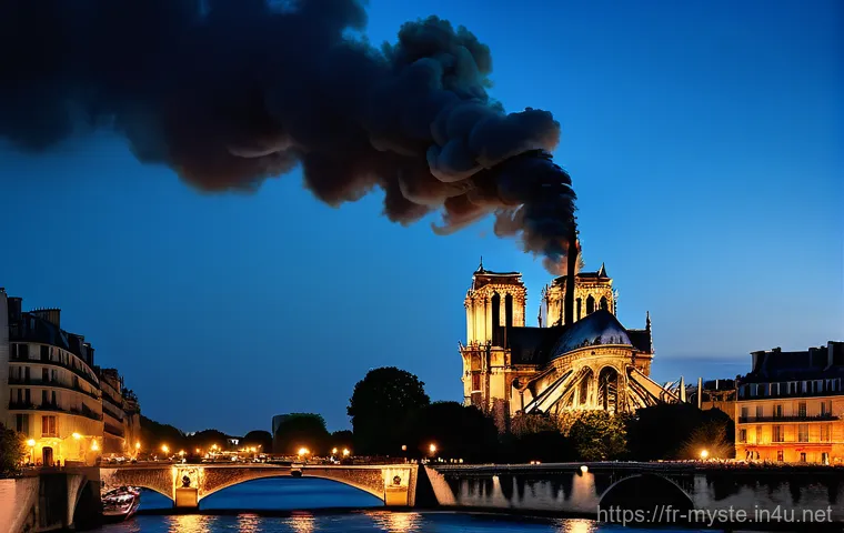 파리 노트르담 화재의 배후 - **Prompt:** A poignant, wide shot of Notre-Dame Cathedral engulfed in heavy smoke and rising flames ...