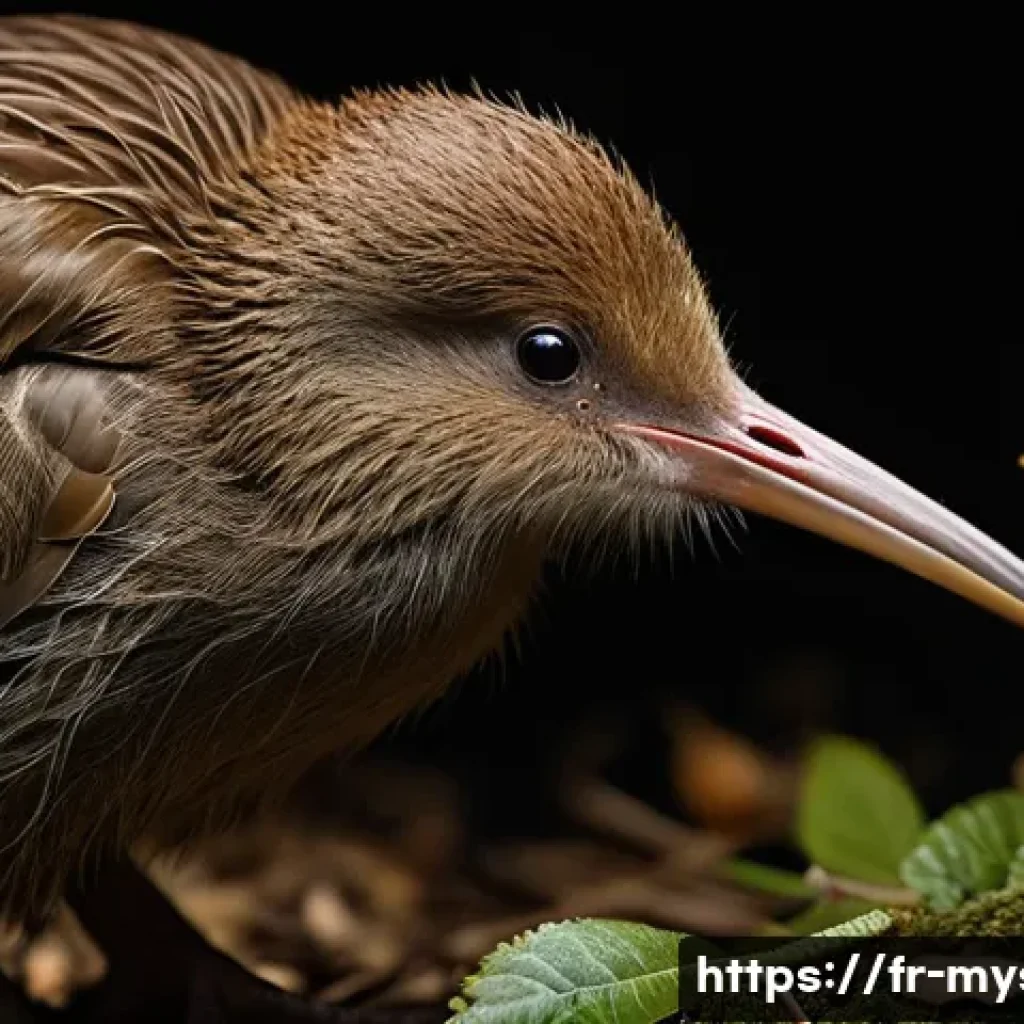 뉴질랜드 키위 미스터리 - **Prompt:** A close-up, highly detailed shot of a North Island Brown Kiwi foraging at night in a den...