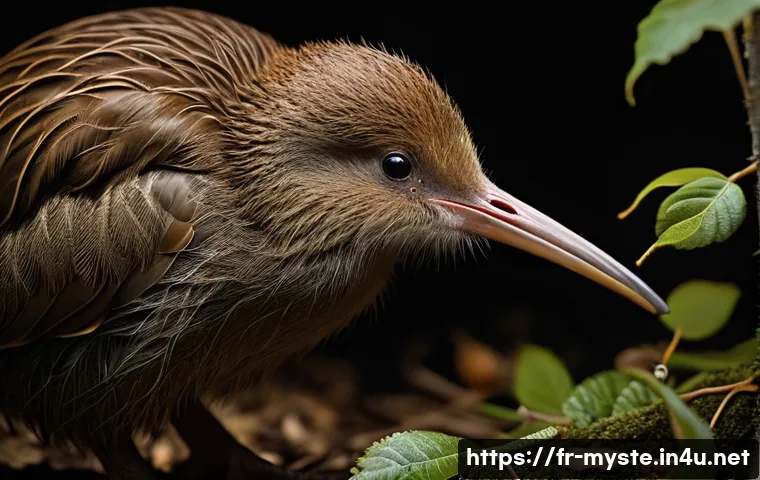 뉴질랜드 키위 미스터리 - **Prompt:** A close-up, highly detailed shot of a North Island Brown Kiwi foraging at night in a den...
