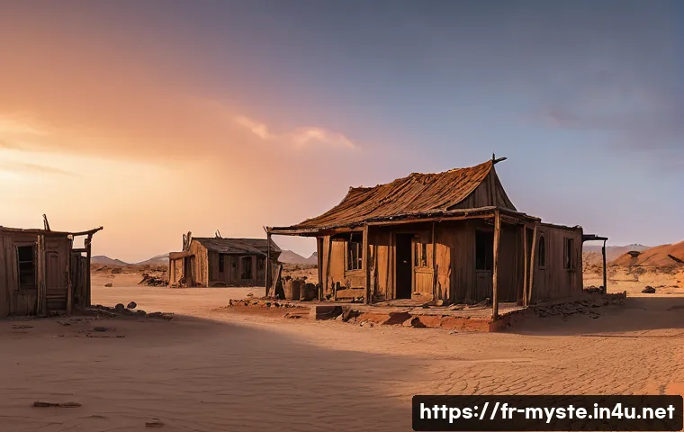 나미비아 고스트 마을 사건 - A panoramic view of an abandoned Namibian desert village at sunset, featuring weathered stone and wo...