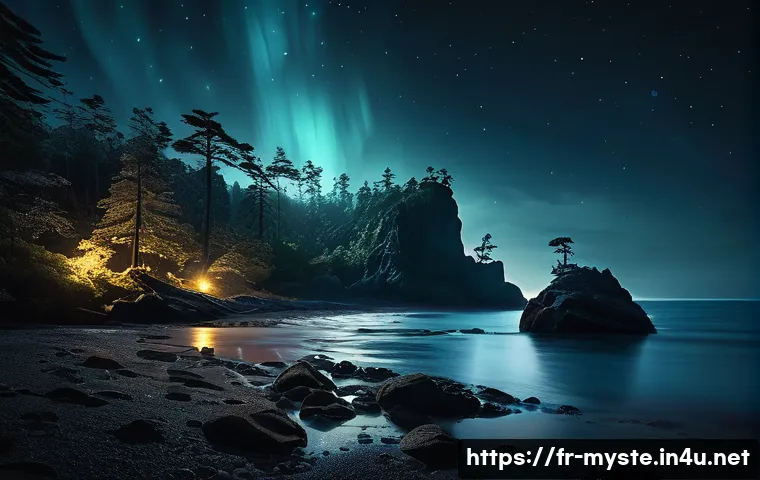 포르투갈 무인 섬 유령 사건 - A mysterious island scene at night under a moonless sky, featuring ghostly, fluctuating lights danci...