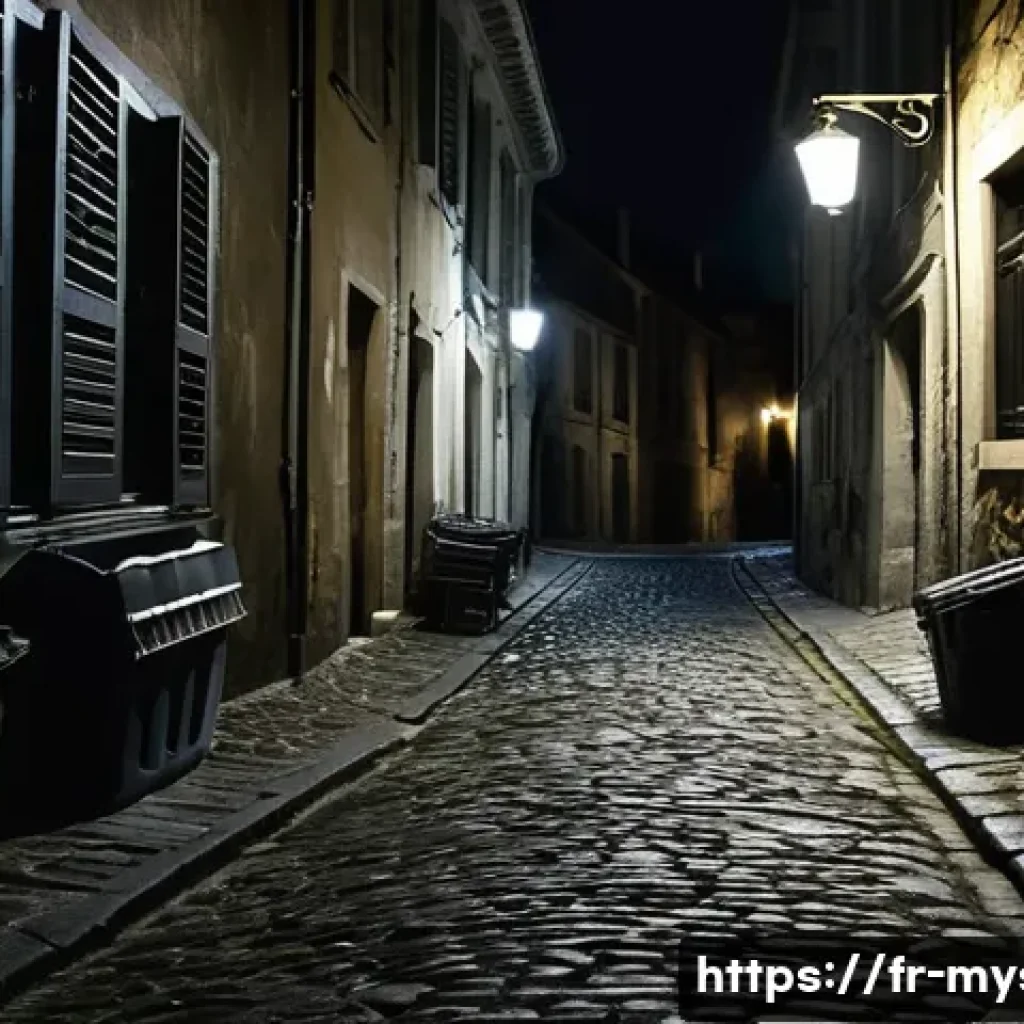 핸리 맥카터 살인 사건 - A dimly lit narrow alleyway in a small French town at night, showing subtle signs of a recent strugg...