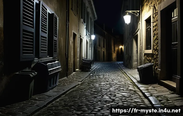 핸리 맥카터 살인 사건 - A dimly lit narrow alleyway in a small French town at night, showing subtle signs of a recent strugg...