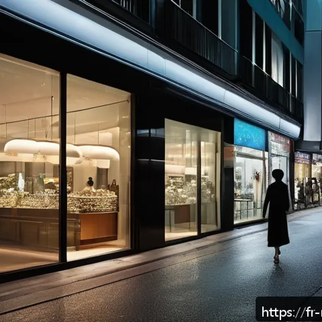 싱가포르 오차드 로드 귀신 목격담 - A bustling urban street at night resembling Orchard Road, lined with modern shops and large glass st...