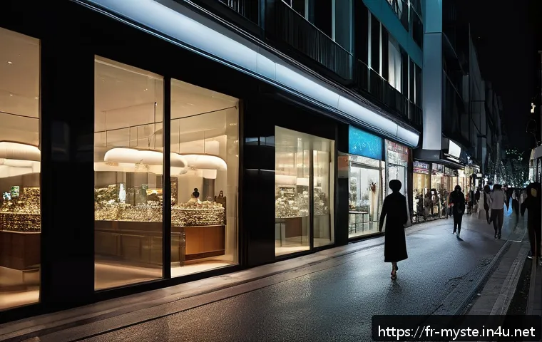 싱가포르 오차드 로드 귀신 목격담 - A bustling urban street at night resembling Orchard Road, lined with modern shops and large glass st...