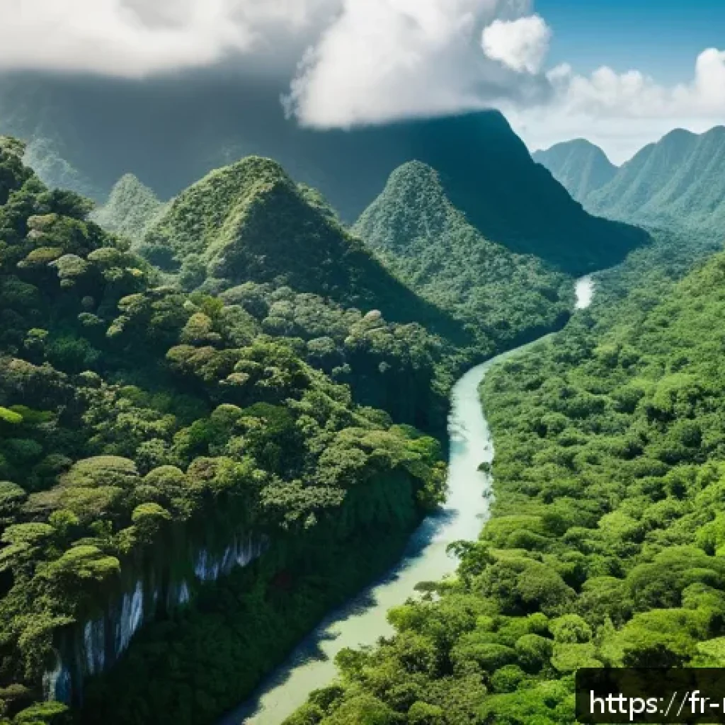 자메이카 트레저 헌터 사건 - A detailed aerial view of a dense Jamaican jungle with rugged mountains and winding rivers under a t...