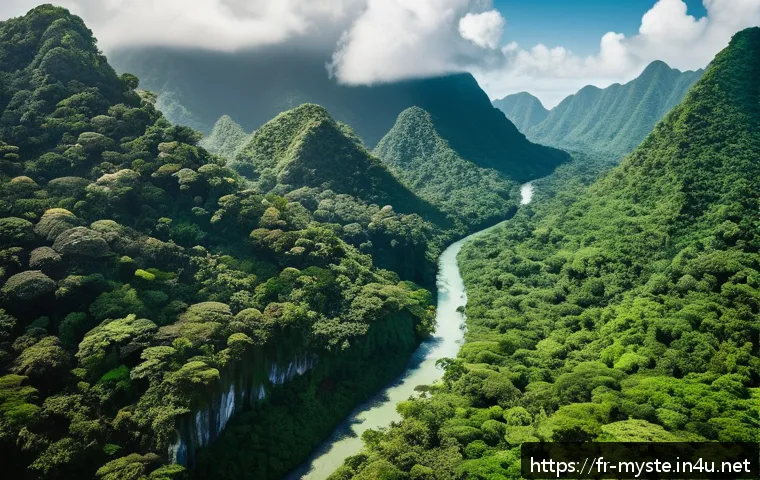 자메이카 트레저 헌터 사건 - A detailed aerial view of a dense Jamaican jungle with rugged mountains and winding rivers under a t...