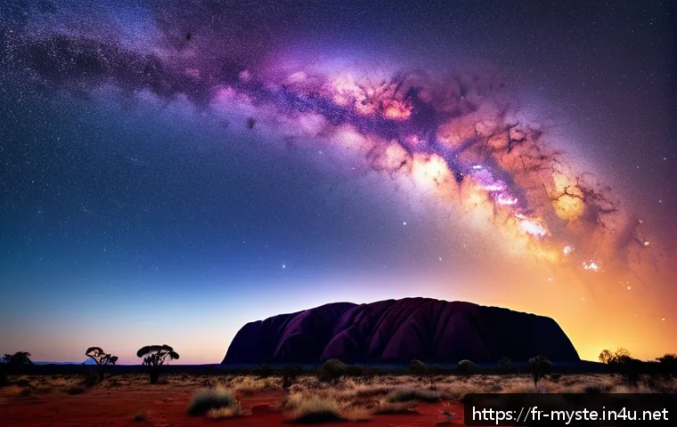 호주 울루루 기괴 사건 - A breathtaking nighttime scene at Uluru showing mysterious, pulsating halos of light gently moving a...