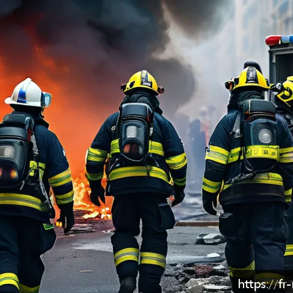 힐스보로 화재 사건 - A detailed scene depicting emergency responders struggling during a large-scale crisis in a French u...