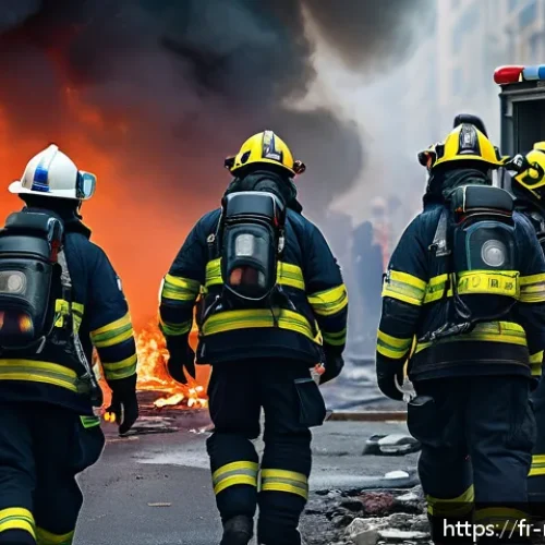 Home 30 힐스보로 화재 사건 - A detailed scene depicting emergency responders struggling during a large-scale crisis in a French u...