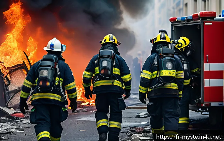 힐스보로 화재 사건 - A detailed scene depicting emergency responders struggling during a large-scale crisis in a French u...