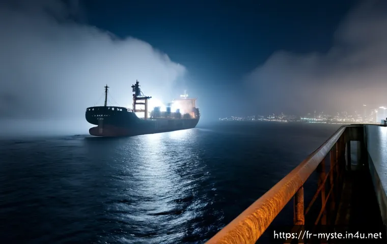 Home 17 일본 요코하마 유령 배 사건 - Photorealistic nighttime view of an abandoned cargo ship drifting near Yokohama harbor, empty deck a...