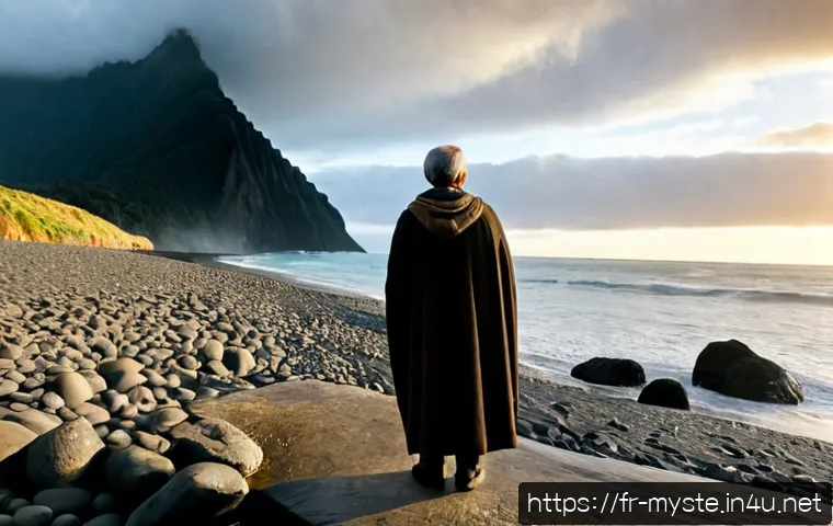 뉴질랜드 마오리 전설의 의문 - Photorealistic cinematic coastal scene in New Zealand at dawn, a thoughtful Māori elder in modest tr...